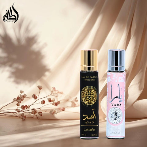 Asad & Yara Eau de Parfum Travel Sprays 12ml by Lattafa | Elevate Any Moment with the Lattafa Travel Duo (Bundle) - Intense Oud