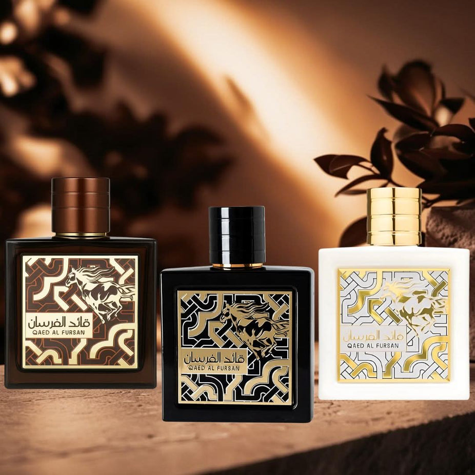 Lattafa Qaed Al Fursan perfume collection featuring Eau de Parfum sprays in 90ml bottles with luxurious packaging.