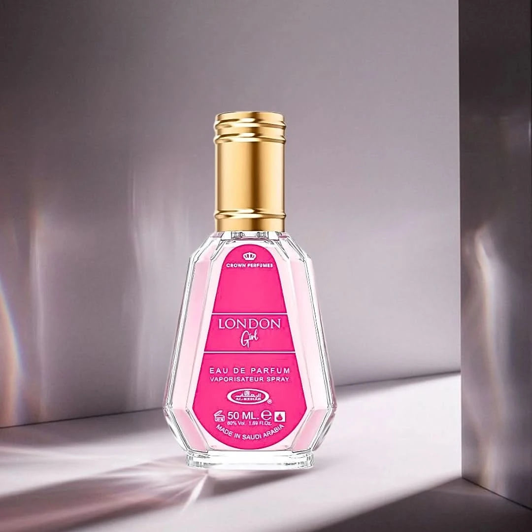 Al Rehab London Girl Eau de Parfum spray in a 50ml bottle, featuring a velvet pouch, with elegant floral and fruity notes.