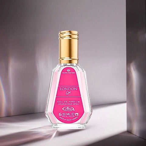 Al Rehab London Girl Eau de Parfum spray in a 50ml bottle, featuring a velvet pouch, with elegant floral and fruity notes.