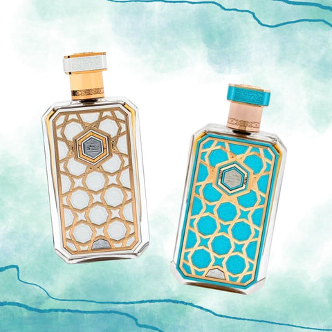Rasasi Arabian Prive Collection Saada & Nagham Eau de Parfum spray bundle, 70ml each, featuring elegant perfume bottles.
