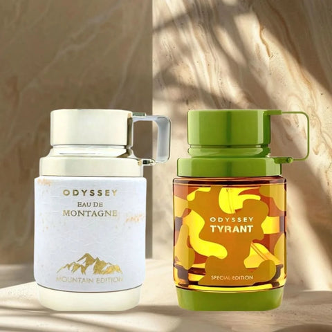 Bundle of Armaf Odyssey Eau de Montagne and Odyssey Tyrant Eau de Parfum, 100ml bottles, with sleek packaging and spray nozzles.