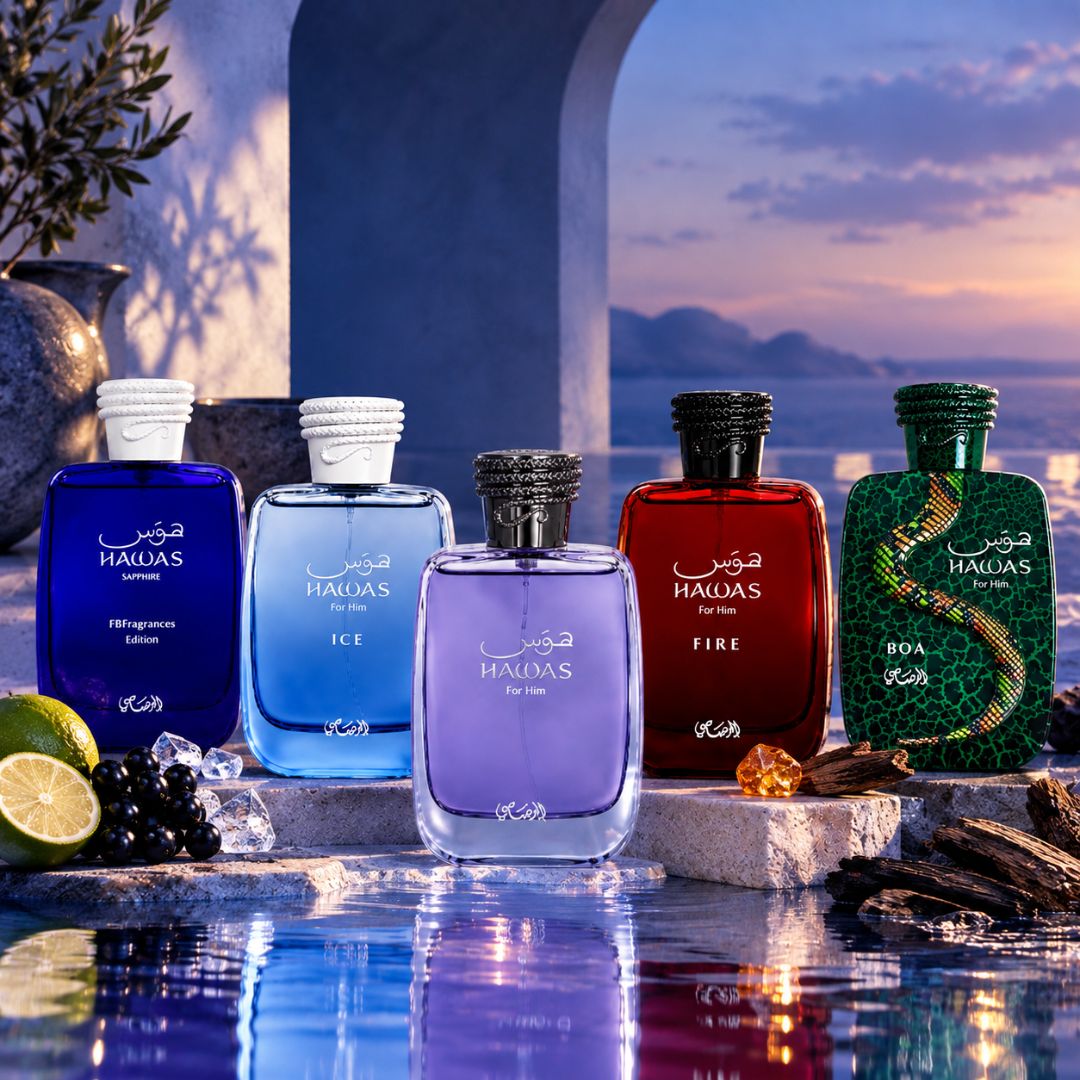 Rasasi Hawas for Men Eau de Parfum bundle including Ice, Fire, Sapphire, and Boa 100ml sprays with sleek bottles.
