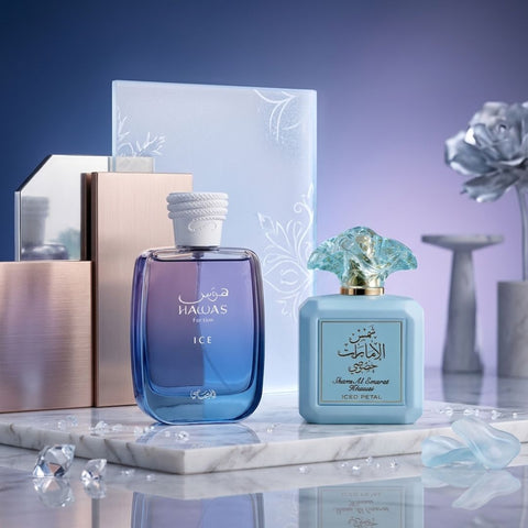 Hawas Ice for Men by Rasasi & Shams Al Emarat Khususi Iced Petal by Ard Al Zaafaran Eau de Parfum Sprays 100ml (3.4 oz) (Bundle)
