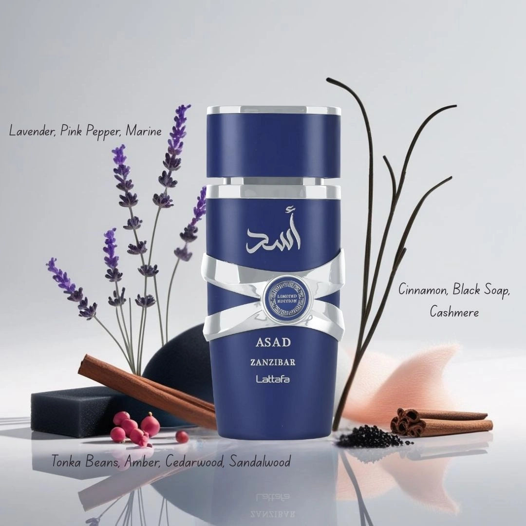 Asad, Asad Zanzibar, Asad Zanzibar Limited Edition & Asad Bourbon Eau de Parfum Sprays 100ml by Lattafa | Strength, Sophistication & Exotic Allure (Bundle) - Intense Oud