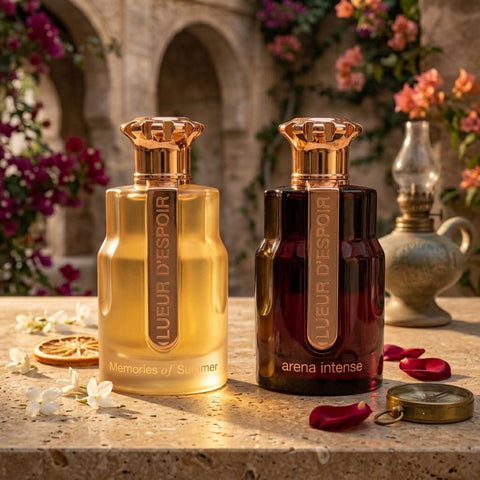 Paris Corner Lueur d'Espoir Memories of Summer and Arena Intense Eau de Parfum sprays 100ml bundle with elegant bottles.