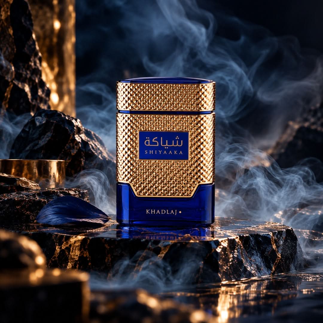 Shiyaaka Blue Eau De Parfum Spray 100ml by Khadlaj, blue fragrance bottle and box