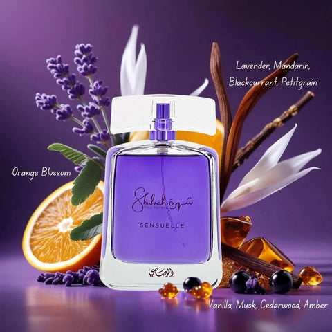 Bundle of perfume sprays and oil including Vogue by Maison Alhambra, Al Ibdaa Gold by Ard Al Zaafaran, Shuhrah Sensuelle by Rasasi, and Rouje oil.