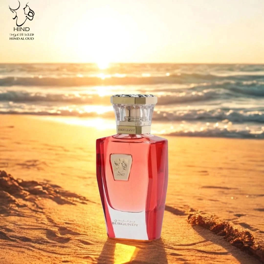 Burgundy Hind Al Oud Eau de Parfum spray bottle, 50ml, with elegant burgundy packaging and silver cap.