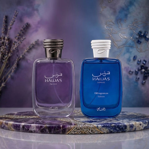 Hawas Sapphire & Hawas Men Eau de Parfum Sprays 100ml (3.4 oz) by Rasasi (Bundle)