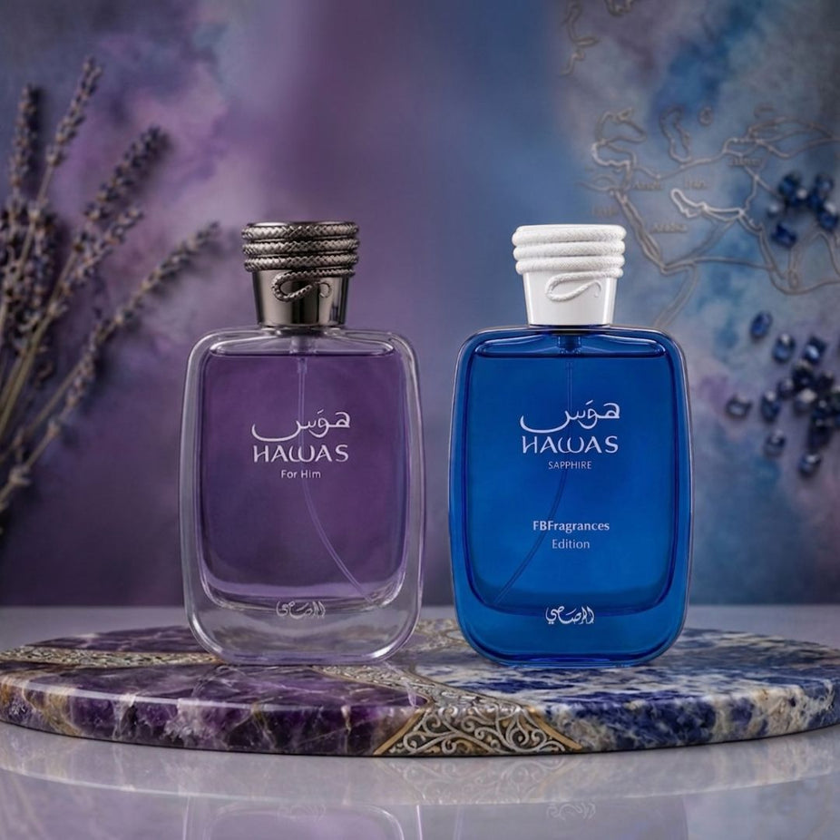 Rasasi Hawas Sapphire and Hawas Men Eau de Parfum sprays in a 100ml bundle, featuring sleek bottles with elegant design.