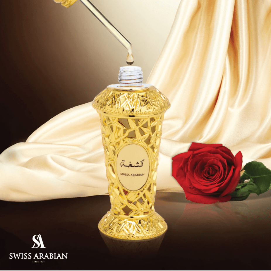 Swiss Arabian Kashkha Perfume Oil 20ml, concentrated perfume oil bottle with elegant packaging and branding.