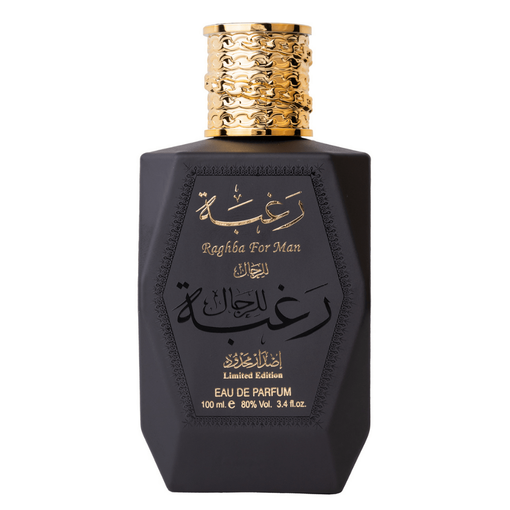 Raghba for Men Eau De Parfum Spray 100ML (3.4OZ) by Lattafa (Velvet Pouch) - Intense Oud