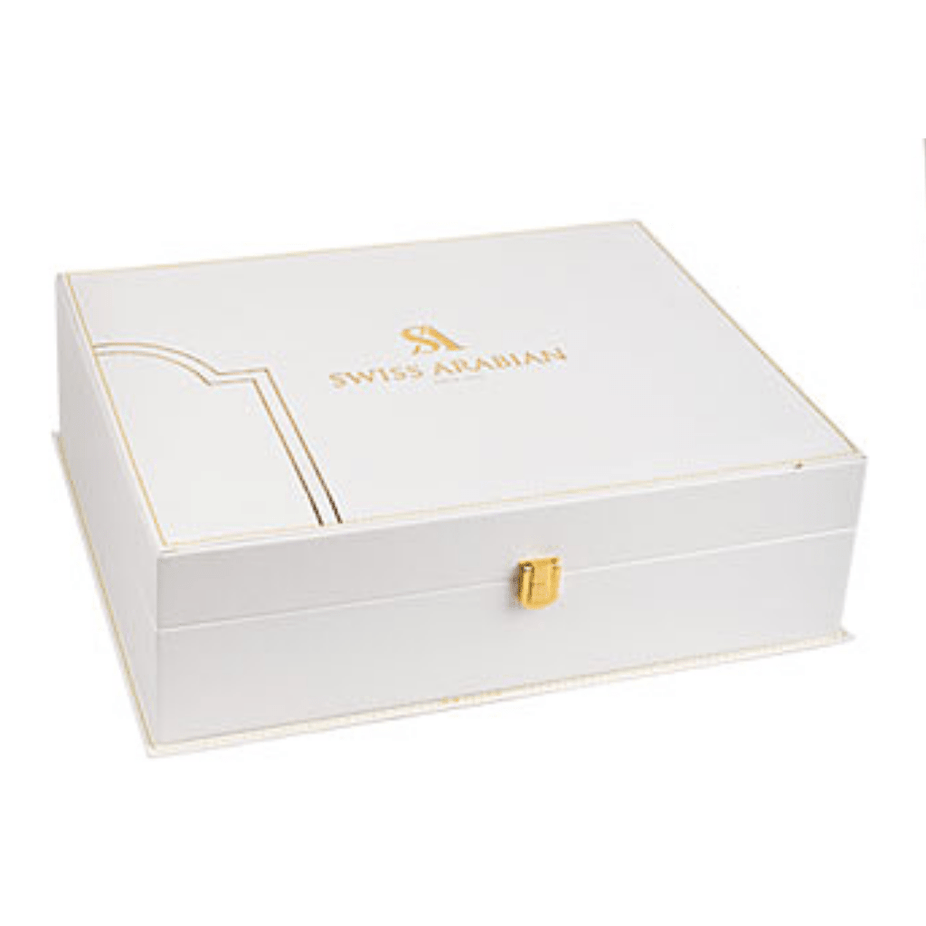 Swiss Arabian Bakhoor gift set from the Exclusive Collection, featuring decorative incense burners and fragrant bakhoor boxes.