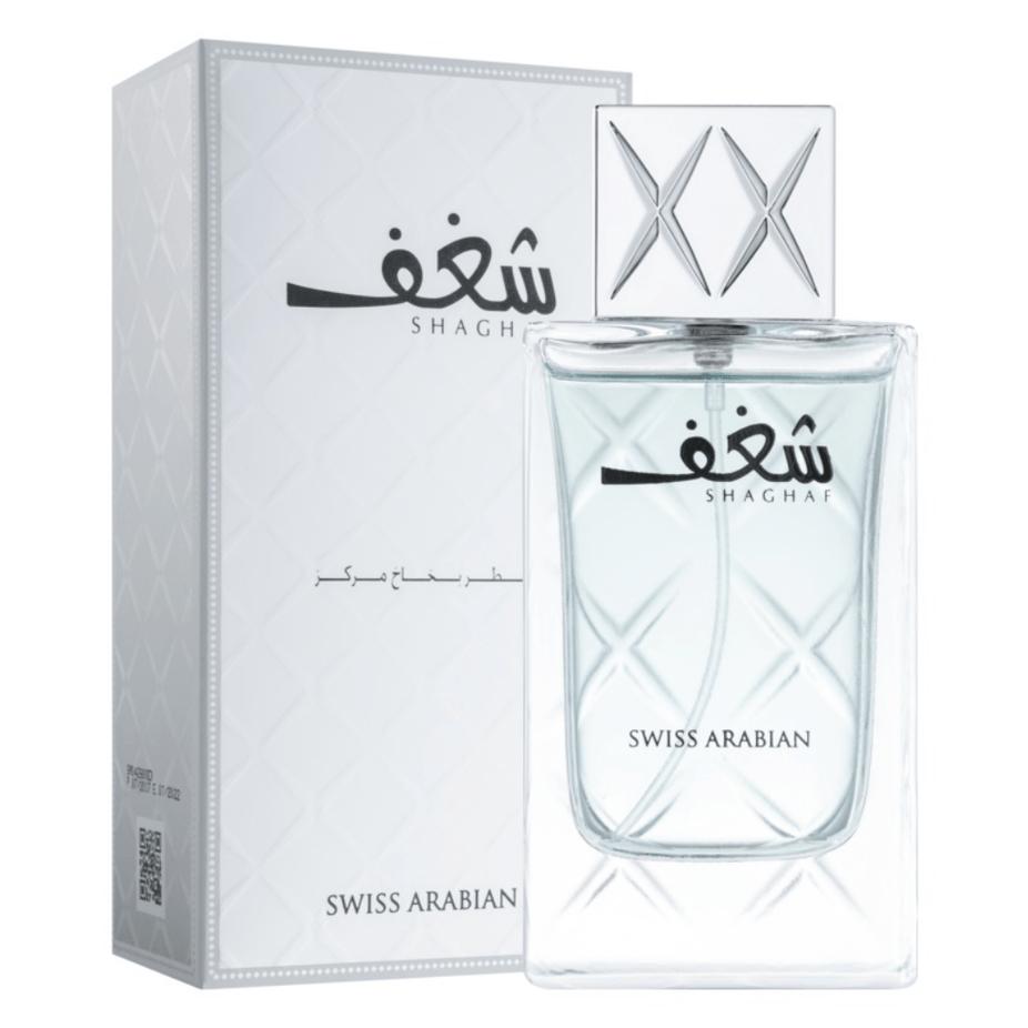 Swiss Arabian Shaghaf Eau de Parfum spray bottle with 75ml capacity, sleek design, and elegant packaging.