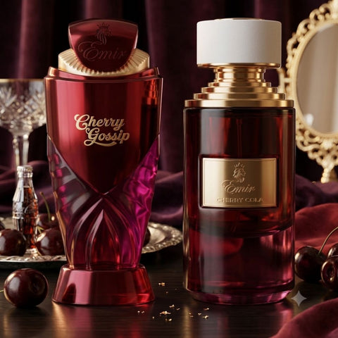 Paris Corner Cherry Gossip & Cherry Cola Eau de Parfum bundle featuring two 100ml spray bottles with cherry-themed labels.
