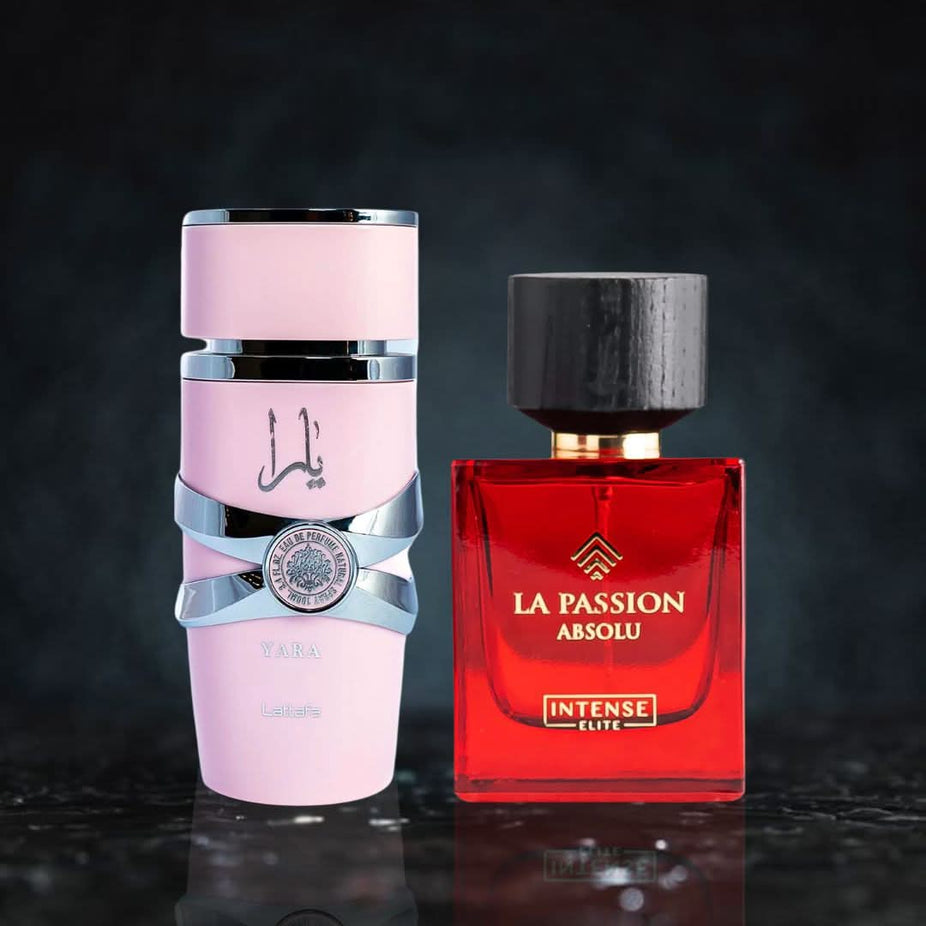 Bundle of two 100ml Eau de Parfum sprays featuring Yara by Lattafa and La Passion Absolu by Intense Elite, from Intense Oud.