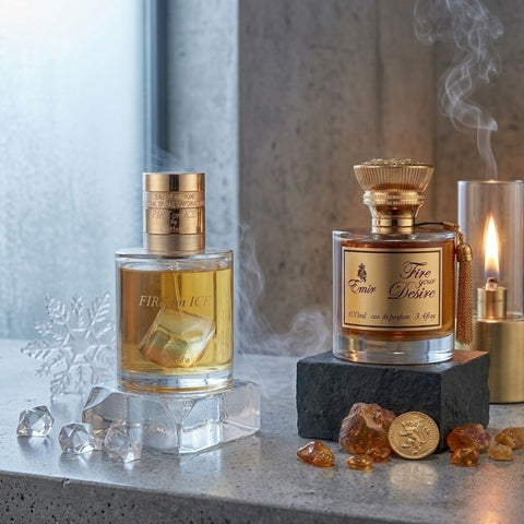 Lattafa Fire On Ice 110ml and Paris Corner Fire Your Desire Emir Eau de Parfum bundle, featuring two luxury fragrance sprays.