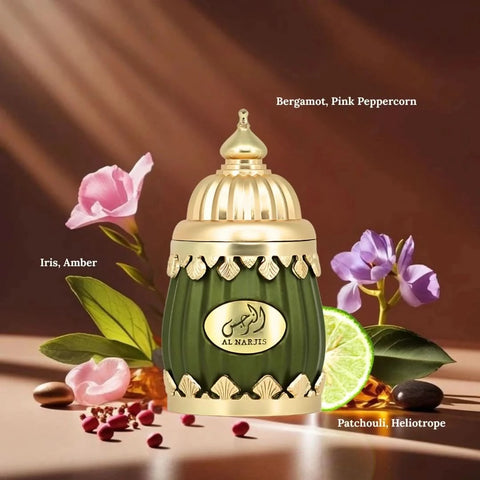 Lattafa Niche Emarati Al Narjis Eau De Parfum spray 100ml in velvet pouch, featuring elegant fragrance bottle.
