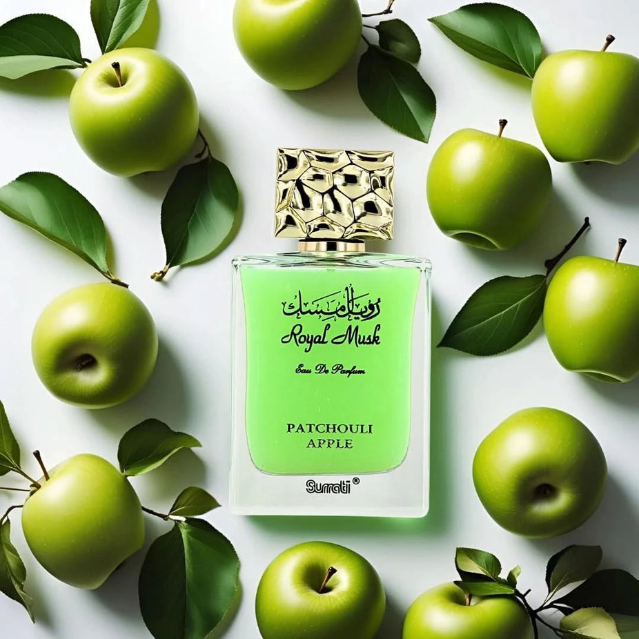Surrati Royal Musk Patchouli Apple Eau de Parfum spray bottle, 100ml, with elegant packaging and a sleek design.