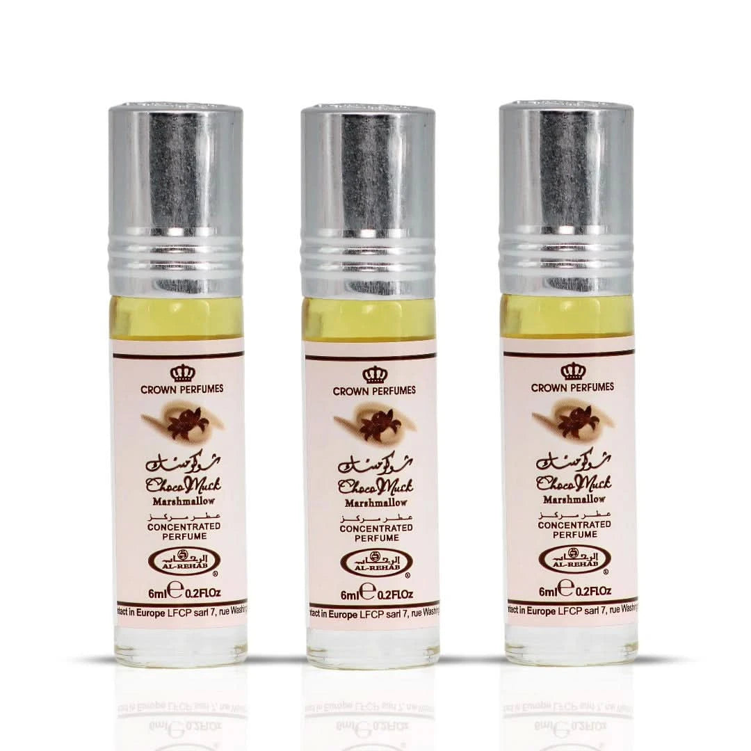 Bundle of three 6ml Choco Musk Marshmallow perfume oils by Al Rehab, featuring small glass bottles with black caps.