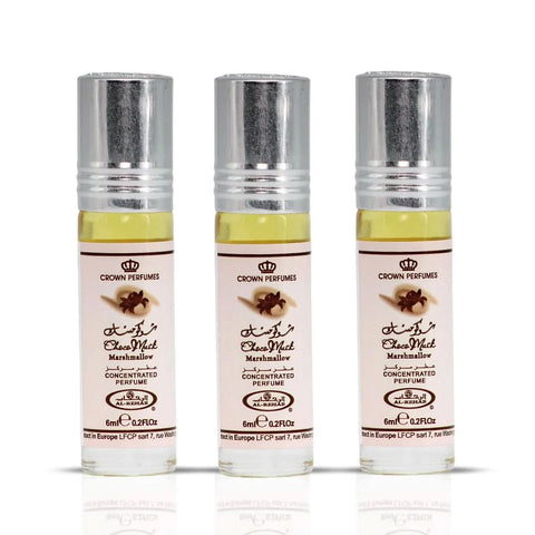 Bundle of three 6ml Choco Musk Marshmallow perfume oils by Al Rehab, featuring small glass bottles with black caps.