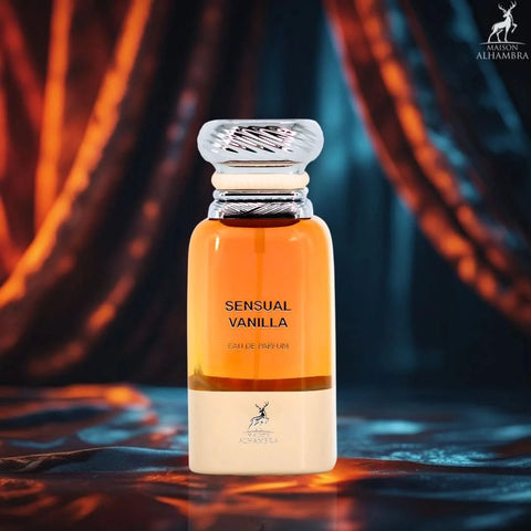 Maison Alhambra Sensual Vanilla Eau de Parfum spray 80ml with velvet pouch, featuring warm vanilla fragrance in a sleek glass bottle.