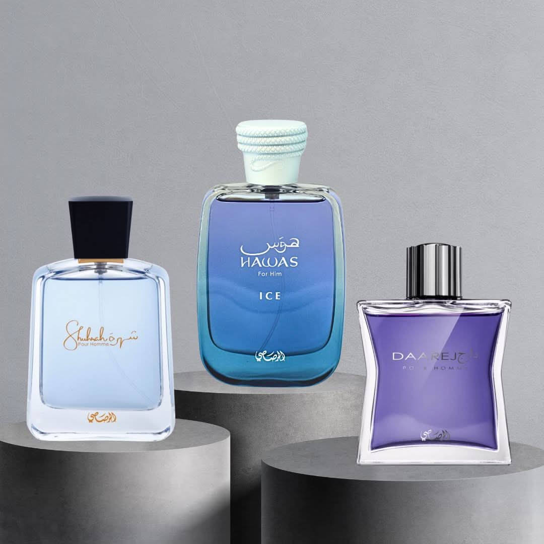 Rasasi Hawas Ice and Daarej Shuhrah men's Eau de Parfum spray bundle, featuring two stylish perfume bottles in sleek packaging.