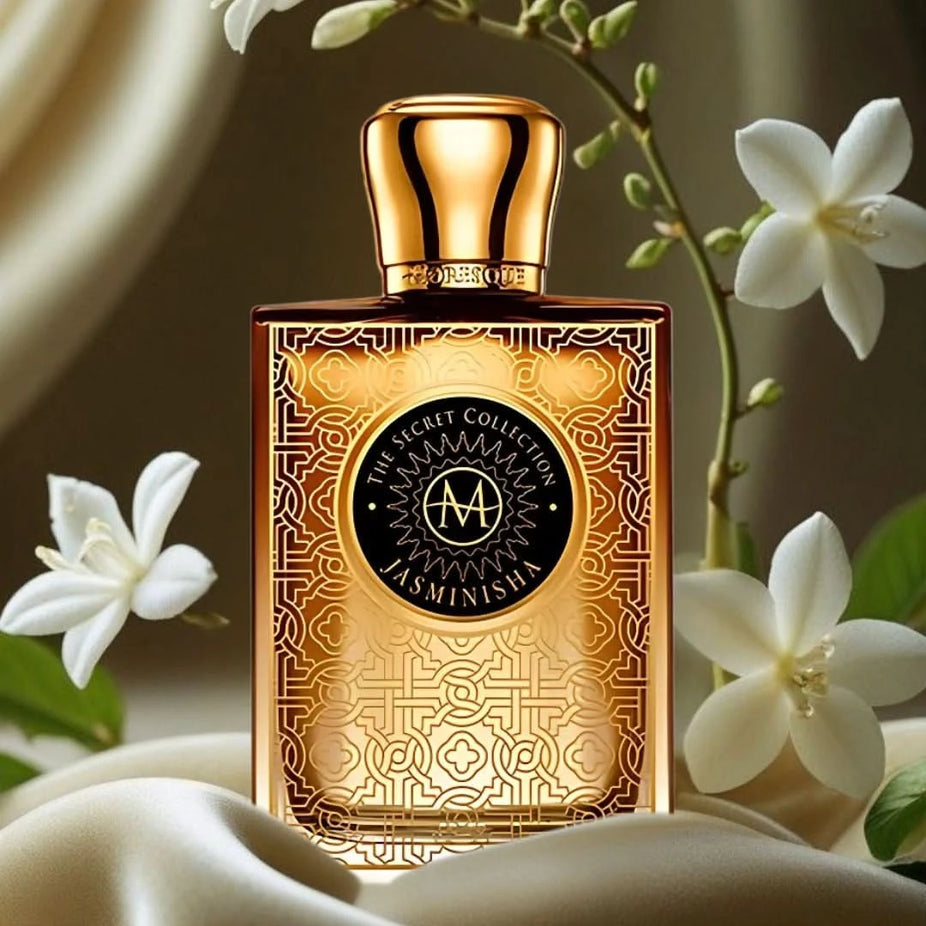 Jasminisha Eau de Parfum spray by Moresque, 75ml bottle, elegant glass packaging with floral design, showcasing luxury fragrance.