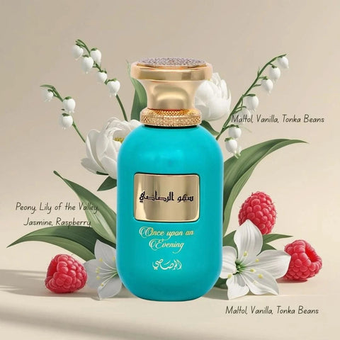 Somow Al Rasasi Once Upon an Evening Eau de Parfum spray bottle, 100ml, with elegant packaging and dark-colored cap.
