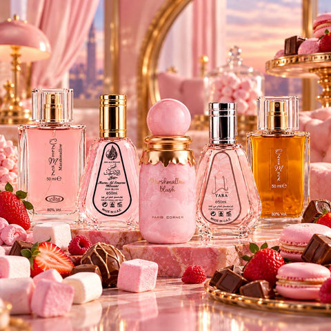 Bundle of Intense Oud Choco Musk, Pink Blush, Yara, and Marshmallow Blush Eau de Parfum sprays, 50ml each, with floral and sweet fragrance bottles.