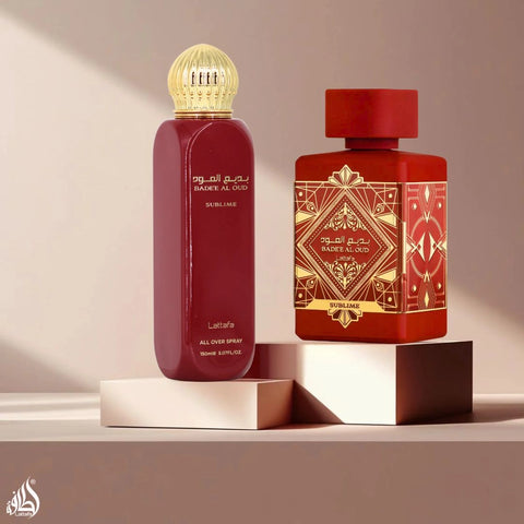 Bad'ee Al Oud Sublime Eau de Parfum Spray 100ml (3.4 oz) & All Over Spray 150ml (5.07 oz) by Lattafa | Scent That Stays With You (Bundle) - Intense Oud