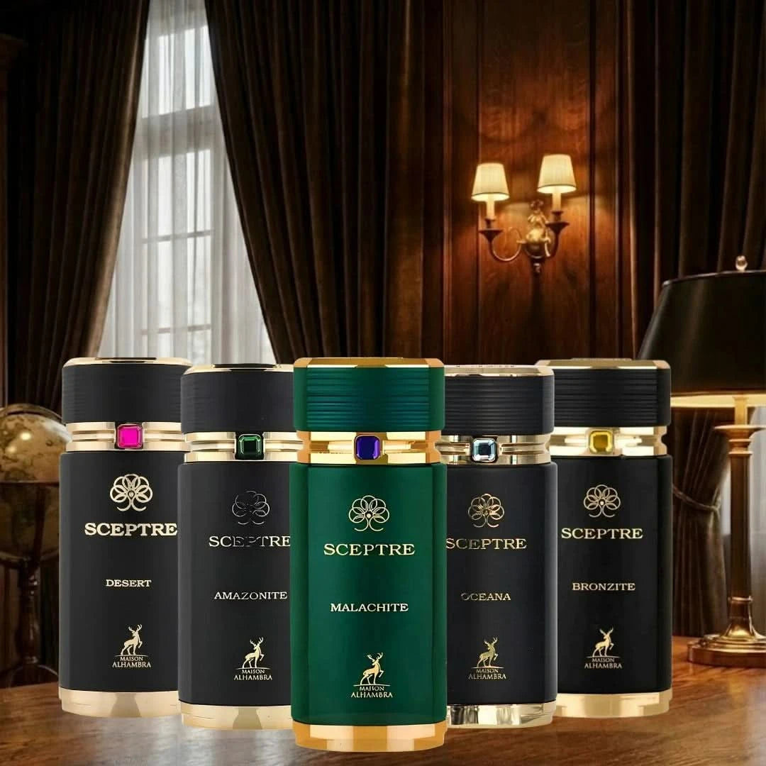 Maison Alhambra Sceptre Collection perfume bundle featuring Malachite, Amazonite, Oceana, Bronzite, and Desert Eau de Parfum sprays.