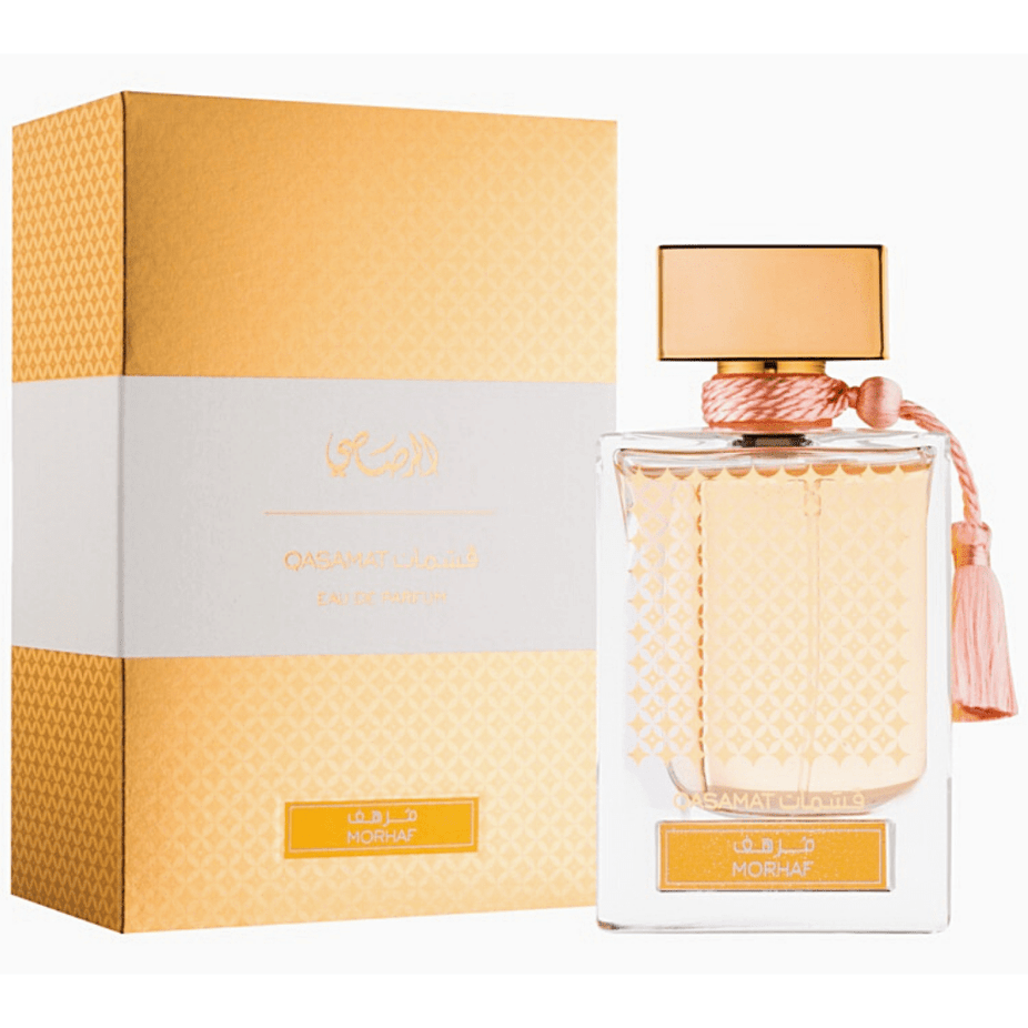 Rasasi Qasamat Morhaf Eau de Parfum spray bottle, 65ml, with elegant packaging and fragrance details visible in the image.