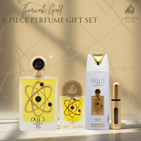 Tharwah Gold 3-Piece Perfume Gift Set by Lattafa Pride (Velvet Pouch) (Auction)