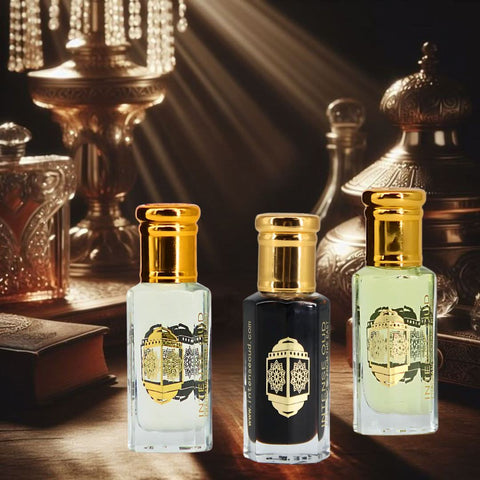 Lady Mile Aphrodisiac and Vanilla Rose perfume oils bundle by Intense Oud in a black gift box, featuring two 12ml bottles of fragrance oils.