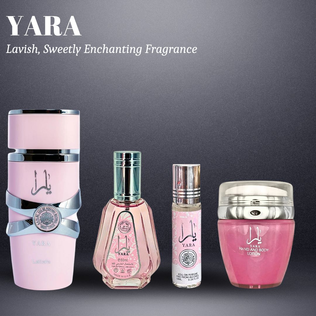 YARA Eau De Parfum Spray 100ML,EDP 50ML, Hand & Body Lotion 45ML & Roll-on Perfume Oil 10ML  - For Women by Lattafa. (CHIC COLLECTION) - Intense Oud