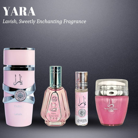 YARA Eau De Parfum Spray 100ML,EDP 50ML, Hand & Body Lotion 45ML & Roll-on Perfume Oil 10ML  - For Women by Lattafa. (CHIC COLLECTION) - Intense Oud