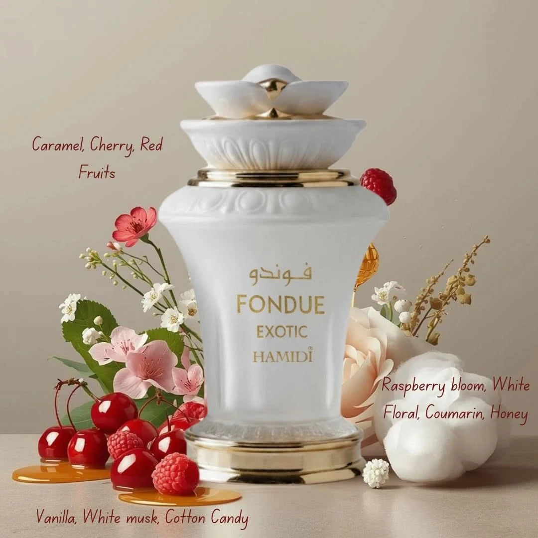 Hamidi Ghalya Amiri, Amiri Rahaf & Fondue Exotic Eau de Parfum spray bundle, 100ml each, with elegant perfume bottles.