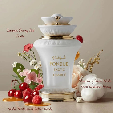 Hamidi Ghalya Amiri, Amiri Rahaf & Fondue Exotic Eau de Parfum spray bundle, 100ml each, with elegant perfume bottles.