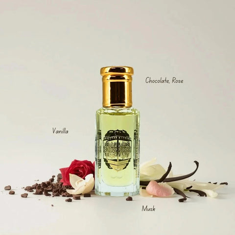 Intense Oud Rouje Madawi and Vanilla Musk perfume oils bundle, 12ml each, featuring elegant glass bottles with floral and musk scents.