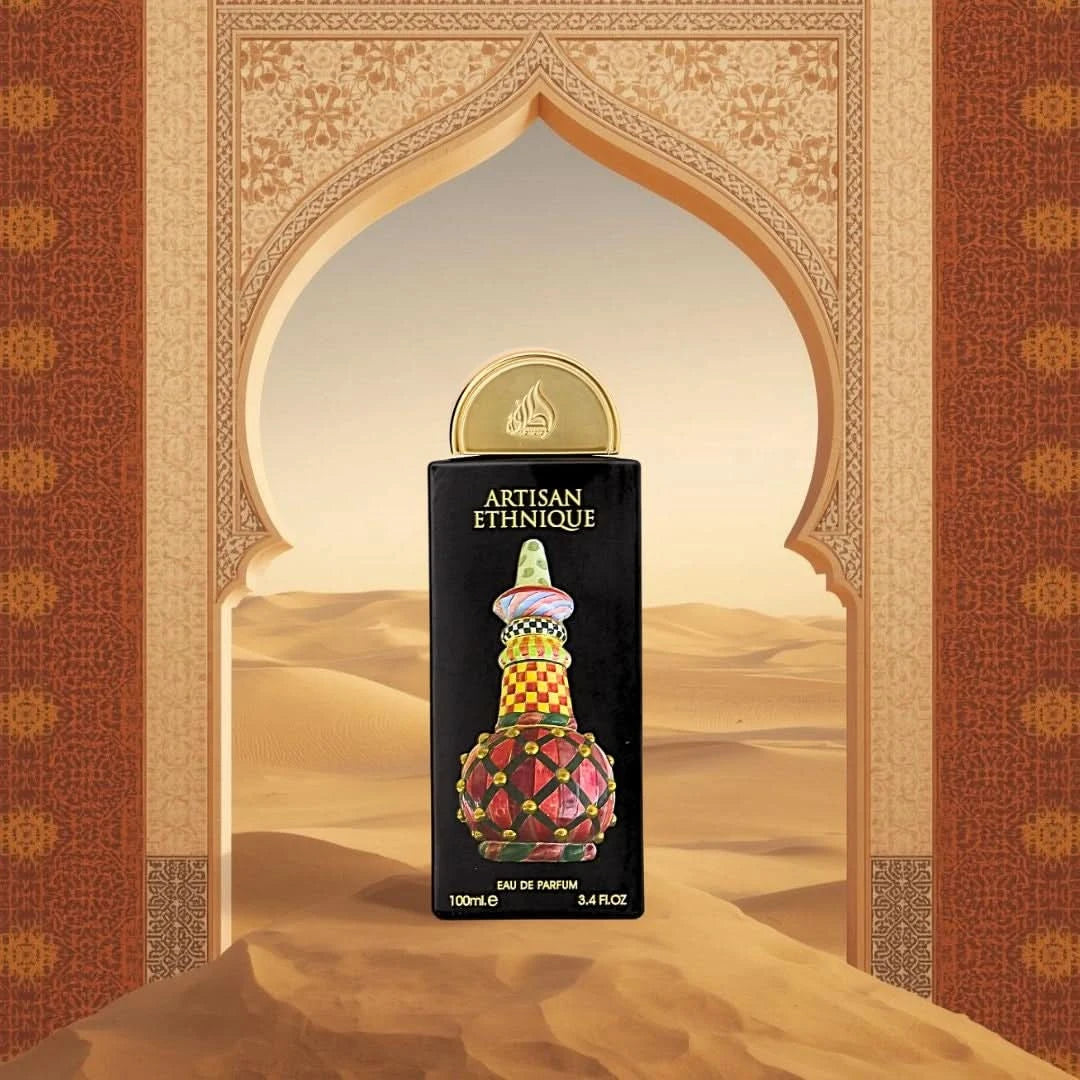 Lattafa Artisan Ethnique Eau de Parfum spray 100ml with velvet pouch, featuring elegant bottle and intricate design.