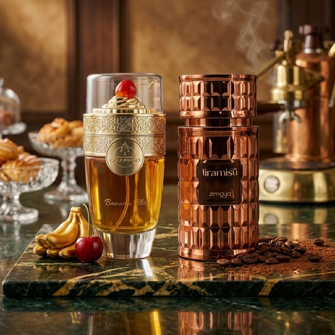 Bundle of Paris Corner Banana Bliss and Zimaya Tiramisu Coco 100ml Eau de Parfum sprays, featuring elegant bottles on a white background.
