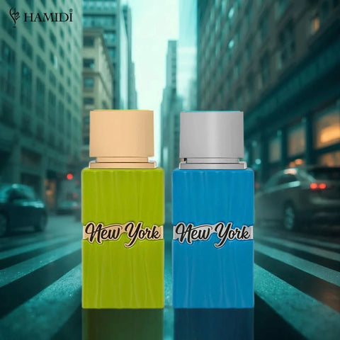 Hamidi New York Life and Dream Eau de Parfum spray bundle with two 100ml bottles, featuring elegant perfume bottles.