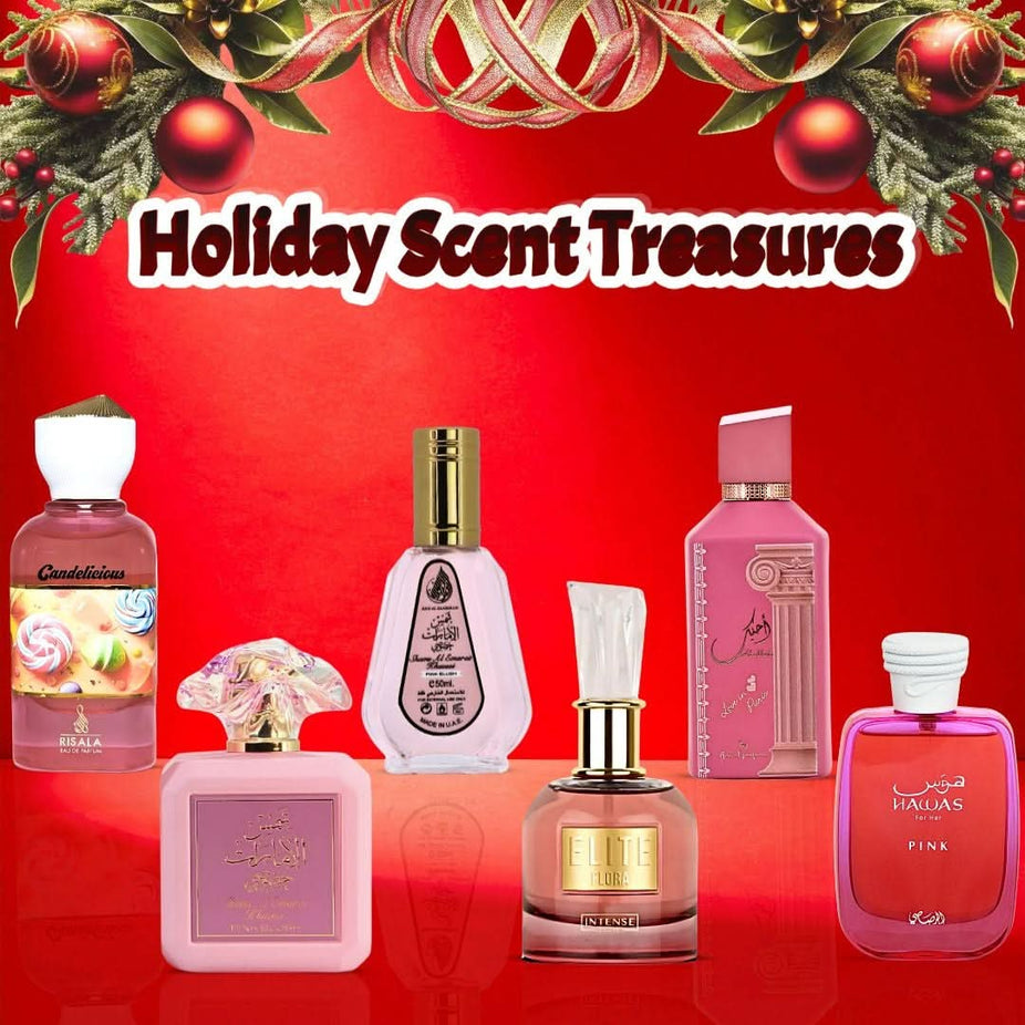 Bundle of Eau de Parfum sprays including Pink Blush, Ahubbak Love, Elite Floral, Candellicious, and Hawas Pink by Intense Oud.