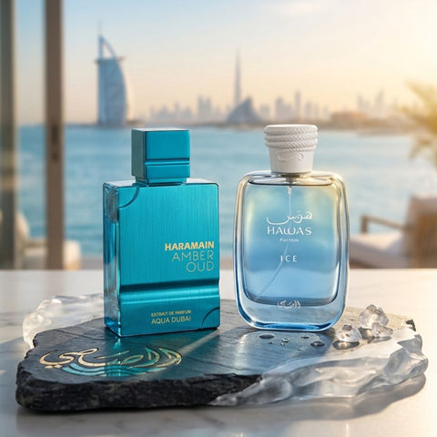 Amber Oud Aqua Dubai Extrait de Parfum By Al Haramain & Hawas Ice for Men Eau de Parfum by Rasasi Sprays 100ml (3.4 oz) (Bundle)