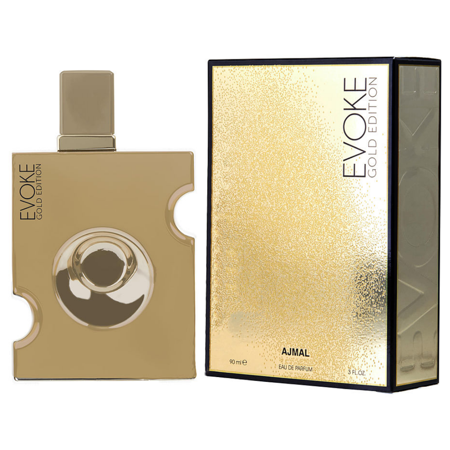 Evoke Gold Edition for Men Ajmal Eau De Parfum 90ML bottle with gold accents, elegant design and spray nozzle visible.