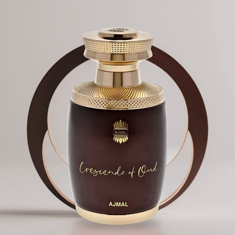 Ajmal Crescendo of Oud Eau de Parfum spray 75ml bottle, elegant packaging with a dark fragrance liquid visible.