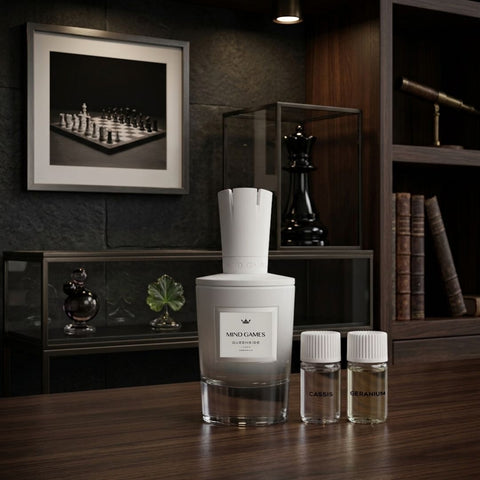Queenside Extrait de Parfum 100ml by Mind Games, elegant glass bottle of EDP Extrait de Parfum with minimalist design.