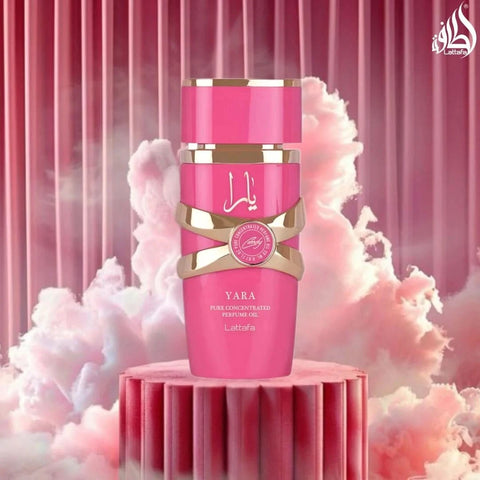 Lattafa Yara Candy Concentrated Perfume Oil 20ml bottle, clear glass container with black cap, showcasing the perfume inside.
